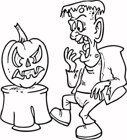 Coloring book scared Frankenstein is afraid of pumpkin
